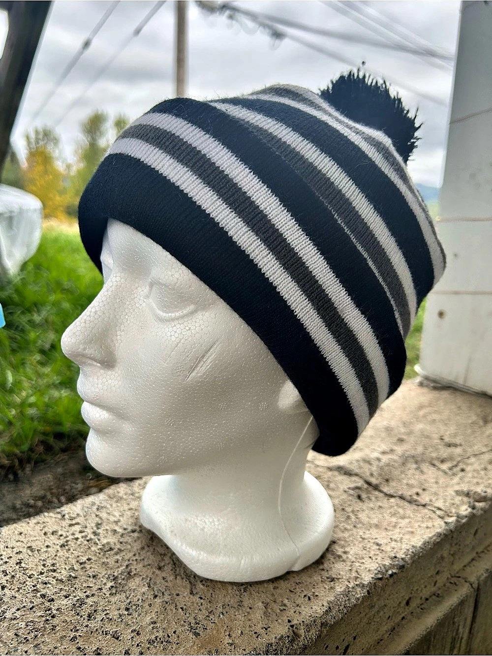 Striped Pom Beanie in Black & White